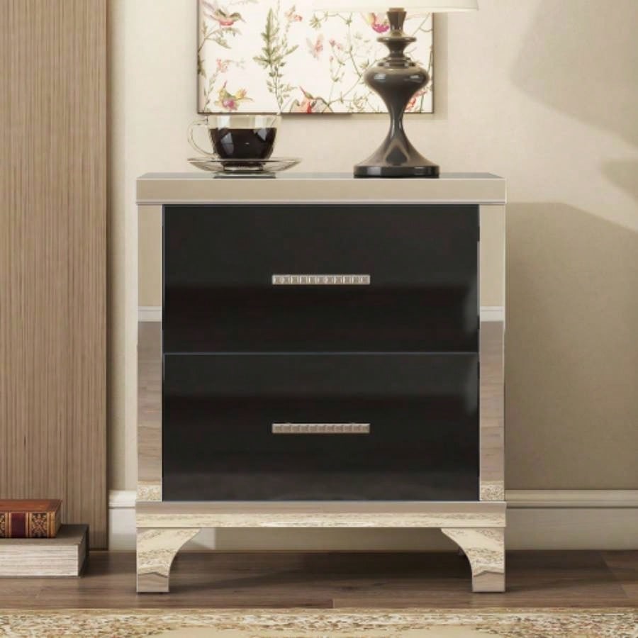 Elegant High Gloss Nightstand with Metal Handle, Mirrored Bedside Table with 2 Drawers Bedroom, Living Room, Black