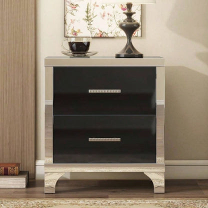 Elegant High Gloss Nightstand with Metal Handle, Mirrored Bedside Table with 2 Drawers Bedroom, Living Room, Black