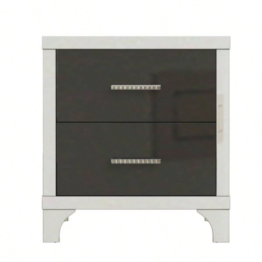 Elegant High Gloss Nightstand with Metal Handle, Mirrored Bedside Table with 2 Drawers Bedroom, Living Room, Black