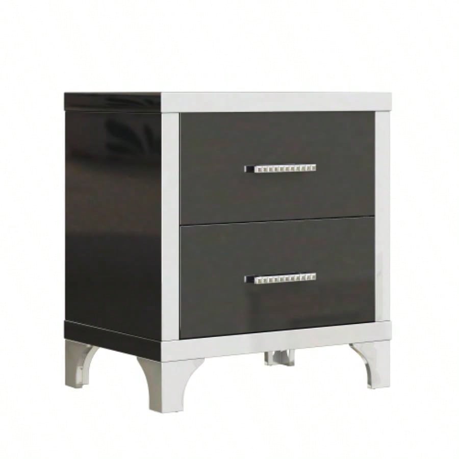Elegant High Gloss Nightstand with Metal Handle, Mirrored Bedside Table with 2 Drawers Bedroom, Living Room, Black