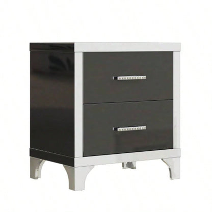 Elegant High Gloss Nightstand with Metal Handle, Mirrored Bedside Table with 2 Drawers Bedroom, Living Room, Black