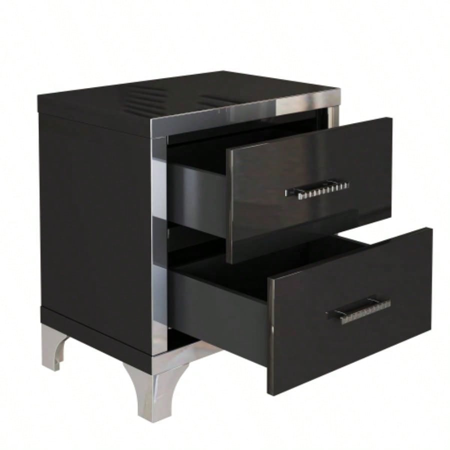 Elegant High Gloss Nightstand with Metal Handle, Mirrored Bedside Table with 2 Drawers Bedroom, Living Room, Black
