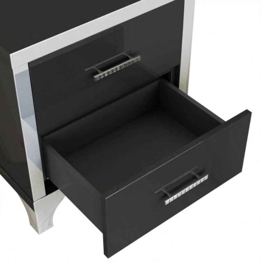 Elegant High Gloss Nightstand with Metal Handle, Mirrored Bedside Table with 2 Drawers Bedroom, Living Room, Black