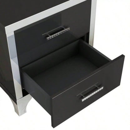 Elegant High Gloss Nightstand with Metal Handle, Mirrored Bedside Table with 2 Drawers Bedroom, Living Room, Black