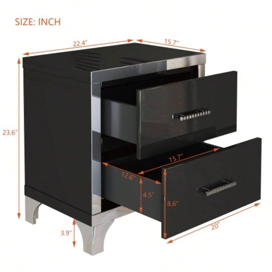 Elegant High Gloss Nightstand with Metal Handle, Mirrored Bedside Table with 2 Drawers Bedroom, Living Room, Black