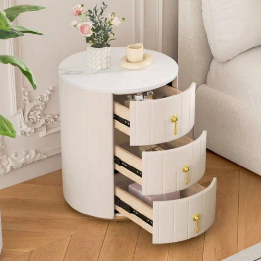 Upholstered Nightstand with 3 Drawers, Round Bedside Table with Metal Handles, Marbling Stickers Top Night Table Bedroom, Fully Assembled Except Handles, Beige