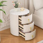 Upholstered Nightstand with 3 Drawers, Round Bedside Table with Metal Handles, Marbling Stickers Top Night Table Bedroom, Fully Assembled Except Handles, Beige