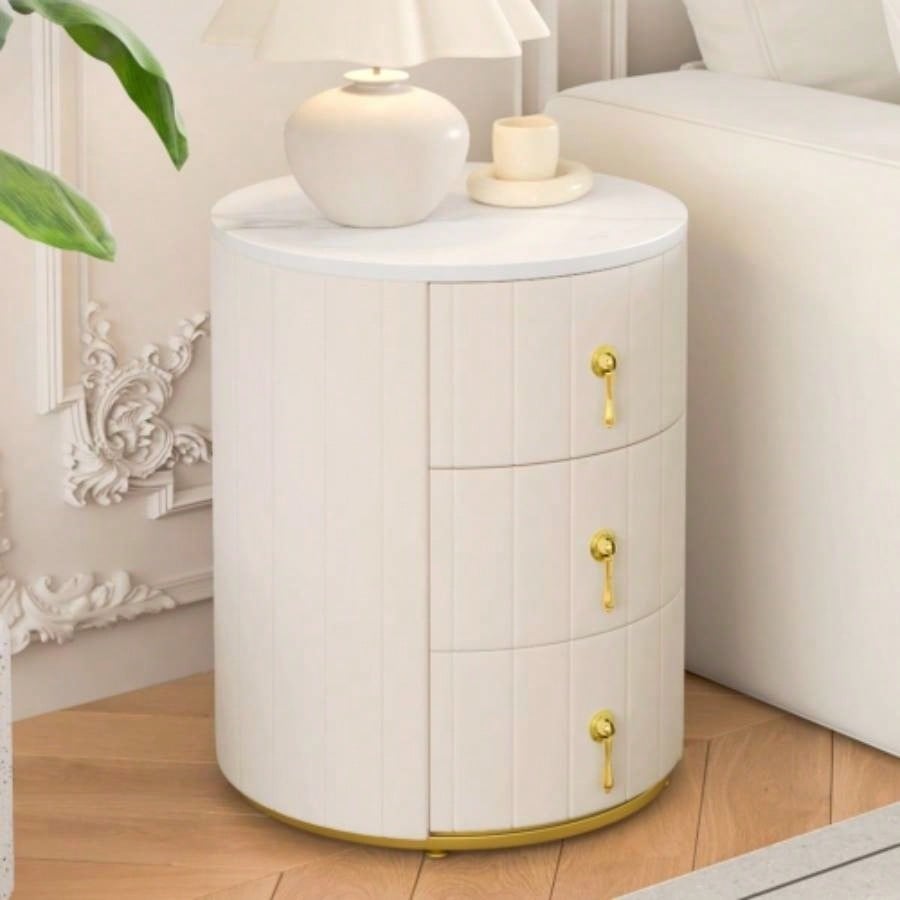 Upholstered Nightstand with 3 Drawers, Round Bedside Table with Metal Handles, Marbling Stickers Top Night Table Bedroom, Fully Assembled Except Handles, Beige