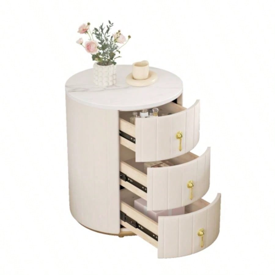 Upholstered Nightstand with 3 Drawers, Round Bedside Table with Metal Handles, Marbling Stickers Top Night Table Bedroom, Fully Assembled Except Handles, Beige