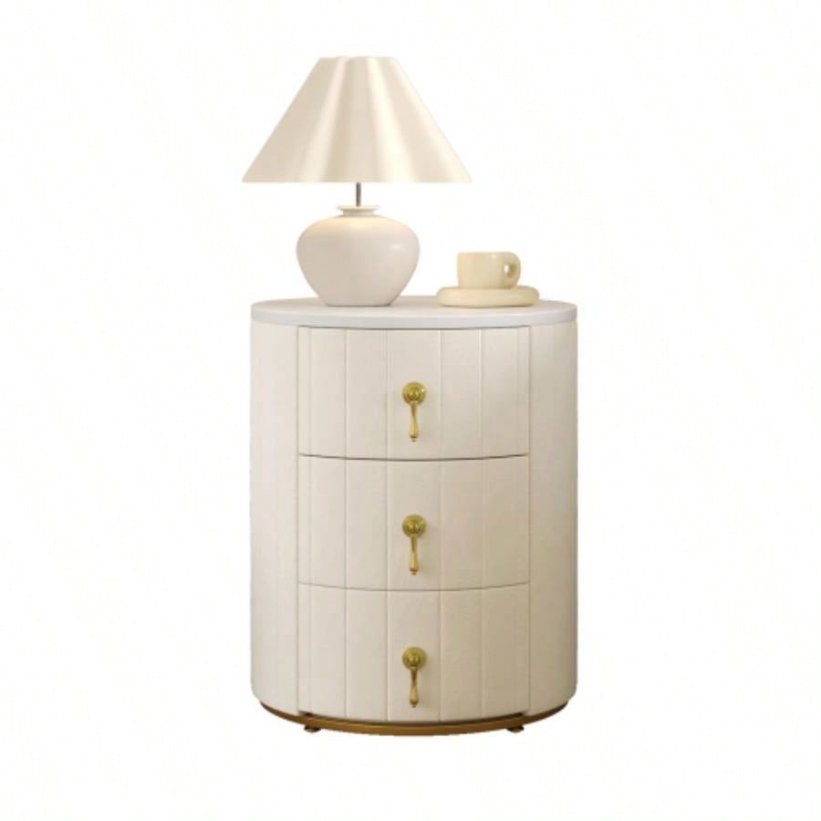 Upholstered Nightstand with 3 Drawers, Round Bedside Table with Metal Handles, Marbling Stickers Top Night Table Bedroom, Fully Assembled Except Handles, Beige
