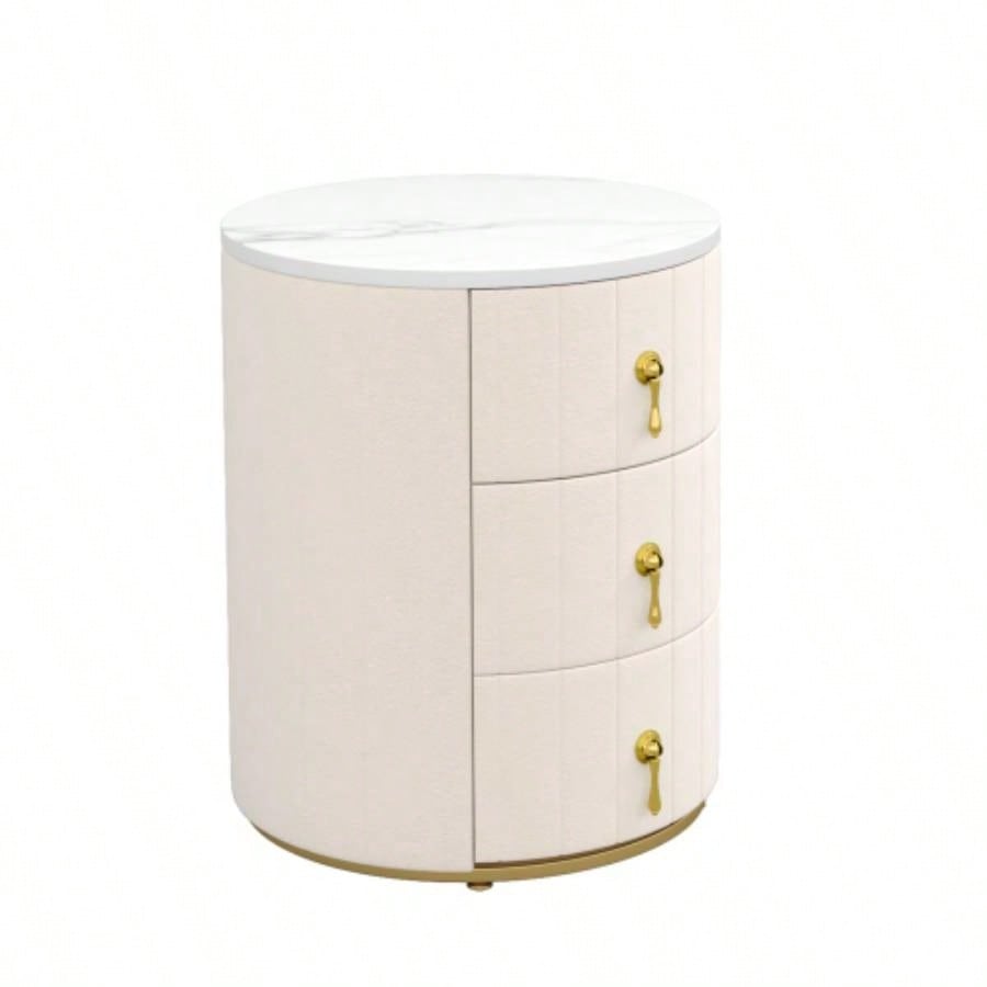 Upholstered Nightstand with 3 Drawers, Round Bedside Table with Metal Handles, Marbling Stickers Top Night Table Bedroom, Fully Assembled Except Handles, Beige