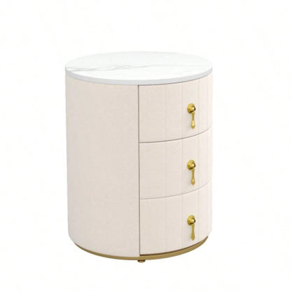 Upholstered Nightstand with 3 Drawers, Round Bedside Table with Metal Handles, Marbling Stickers Top Night Table Bedroom, Fully Assembled Except Handles, Beige