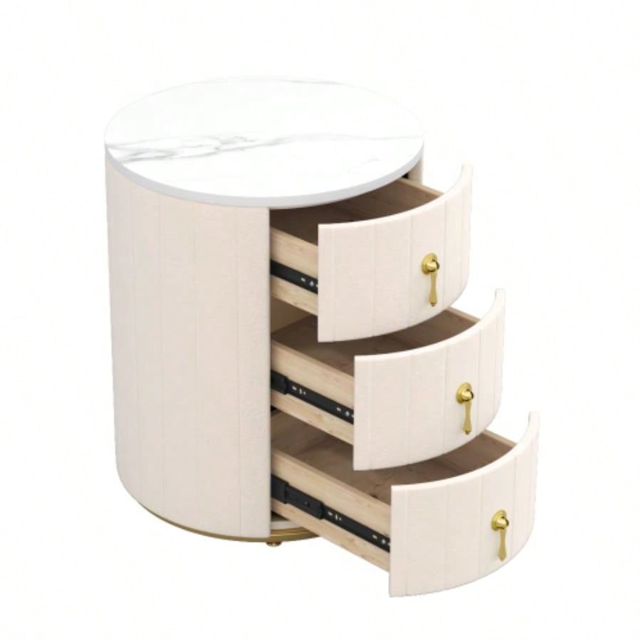 Upholstered Nightstand with 3 Drawers, Round Bedside Table with Metal Handles, Marbling Stickers Top Night Table Bedroom, Fully Assembled Except Handles, Beige