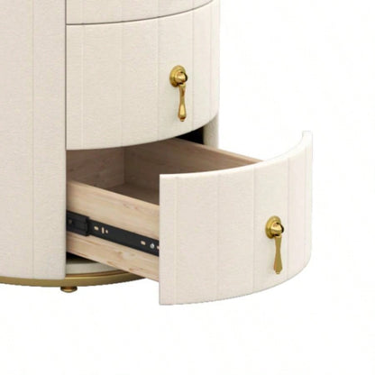 Upholstered Nightstand with 3 Drawers, Round Bedside Table with Metal Handles, Marbling Stickers Top Night Table Bedroom, Fully Assembled Except Handles, Beige