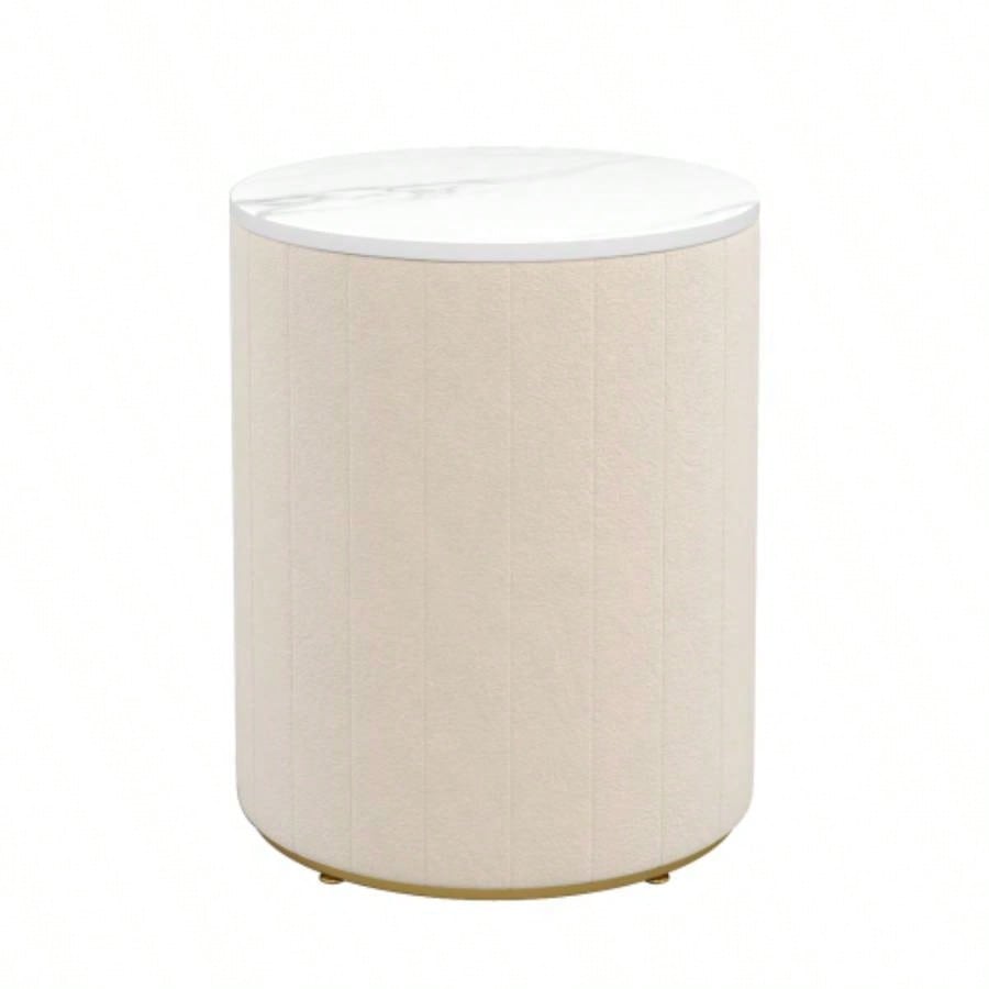 Upholstered Nightstand with 3 Drawers, Round Bedside Table with Metal Handles, Marbling Stickers Top Night Table Bedroom, Fully Assembled Except Handles, Beige