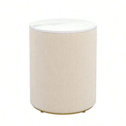 Upholstered Nightstand with 3 Drawers, Round Bedside Table with Metal Handles, Marbling Stickers Top Night Table Bedroom, Fully Assembled Except Handles, Beige