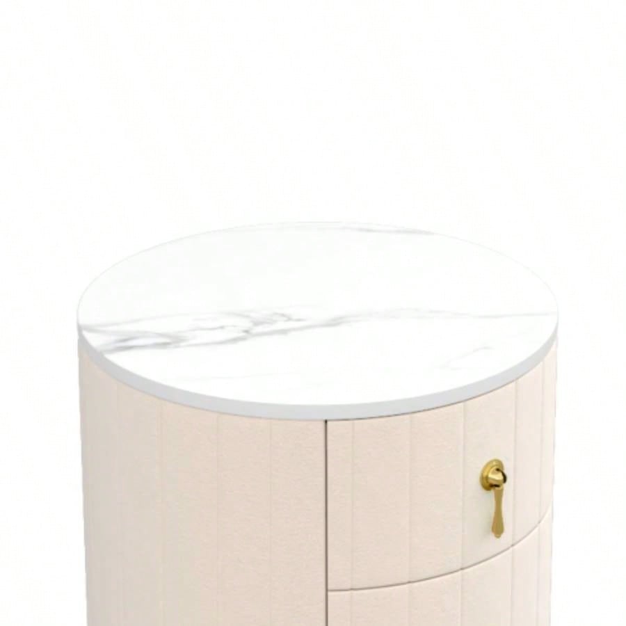 Upholstered Nightstand with 3 Drawers, Round Bedside Table with Metal Handles, Marbling Stickers Top Night Table Bedroom, Fully Assembled Except Handles, Beige