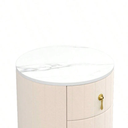 Upholstered Nightstand with 3 Drawers, Round Bedside Table with Metal Handles, Marbling Stickers Top Night Table Bedroom, Fully Assembled Except Handles, Beige