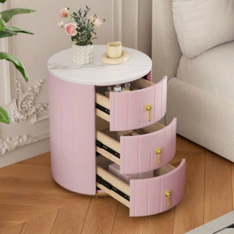 Upholstered Nightstand with 3 Drawers, Round Bedside Table with Metal Handles, Marbling Stickers Top Night Table Bedroom, Fully Assembled Except Handles, Beige