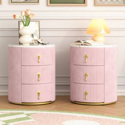 Upholstered Nightstand with 3 Drawers, Round Bedside Table with Metal Handles, Marbling Stickers Top Night Table Bedroom, Fully Assembled Except Handles, Beige