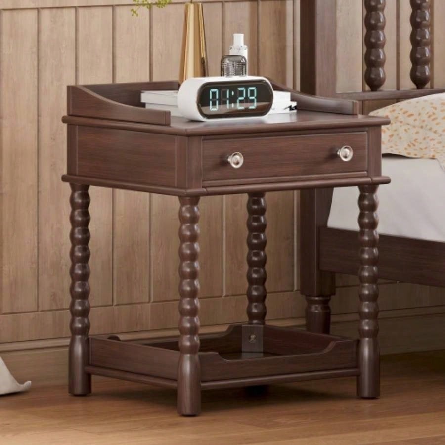 Retro Style Nightstand with Drawer and Open Shelf Bedroom, Bedside Table with Turned and Metal Handle, Walnut