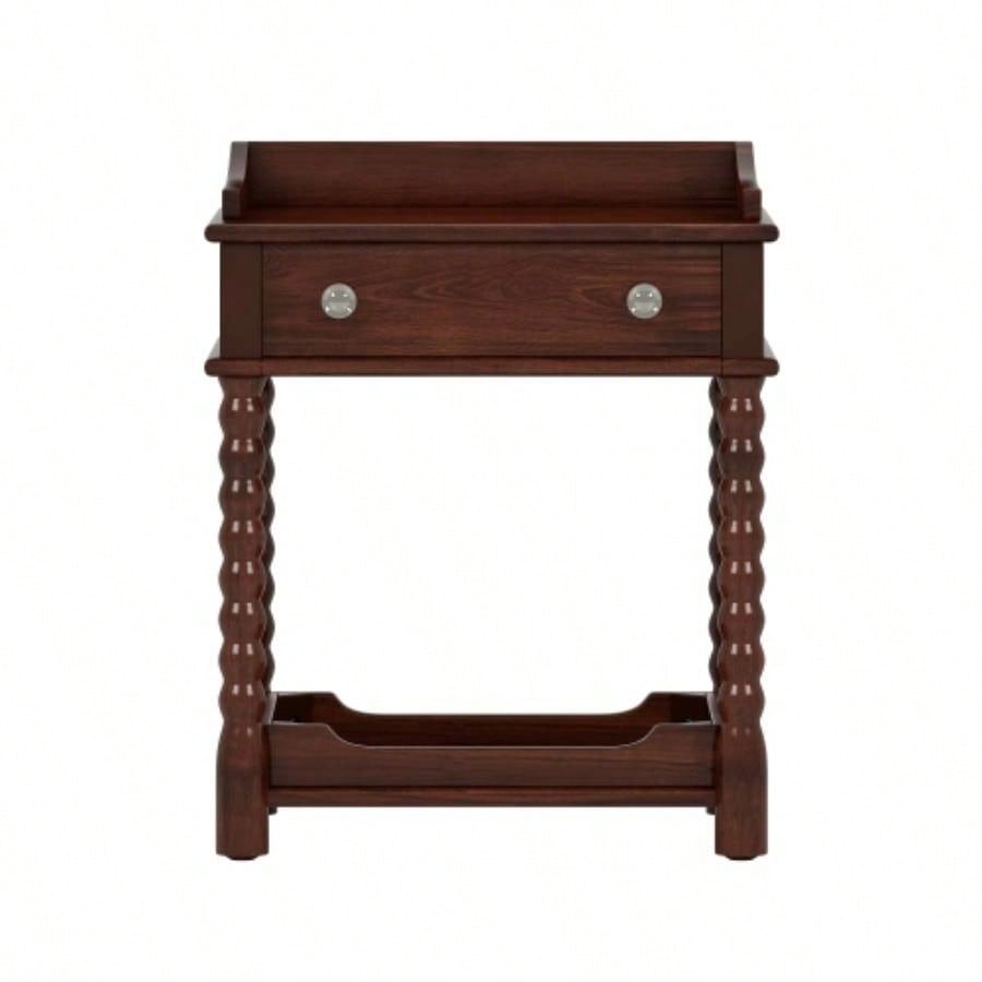 Retro Style Nightstand with Drawer and Open Shelf Bedroom, Bedside Table with Turned and Metal Handle, Walnut