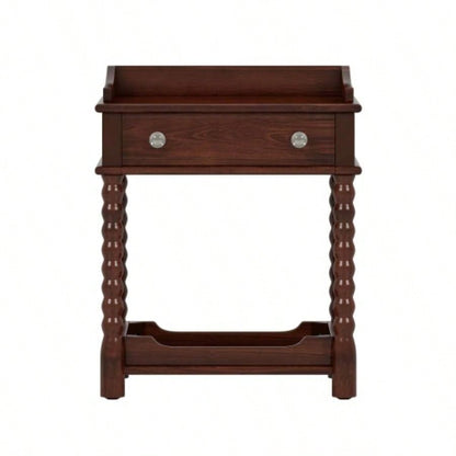 Retro Style Nightstand with Drawer and Open Shelf Bedroom, Bedside Table with Turned and Metal Handle, Walnut
