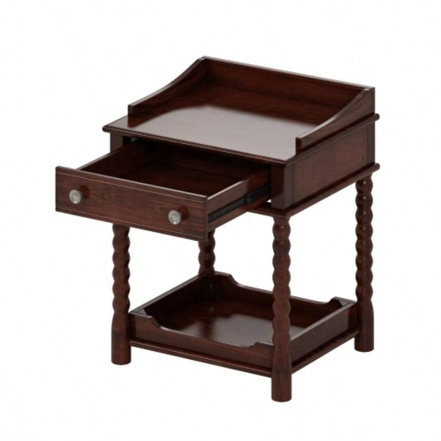 Retro Style Nightstand with Drawer and Open Shelf Bedroom, Bedside Table with Turned and Metal Handle, Walnut