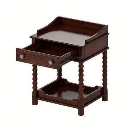 Retro Style Nightstand with Drawer and Open Shelf Bedroom, Bedside Table with Turned and Metal Handle, Walnut