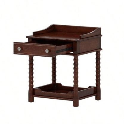 Retro Style Nightstand with Drawer and Open Shelf Bedroom, Bedside Table with Turned and Metal Handle, Walnut