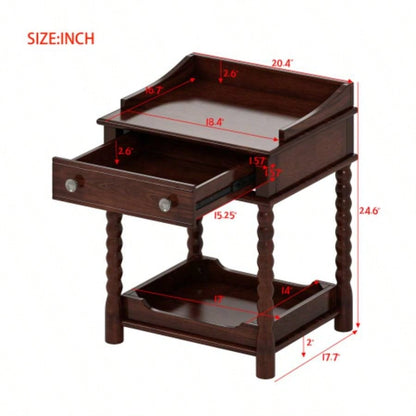 Retro Style Nightstand with Drawer and Open Shelf Bedroom, Bedside Table with Turned and Metal Handle, Walnut