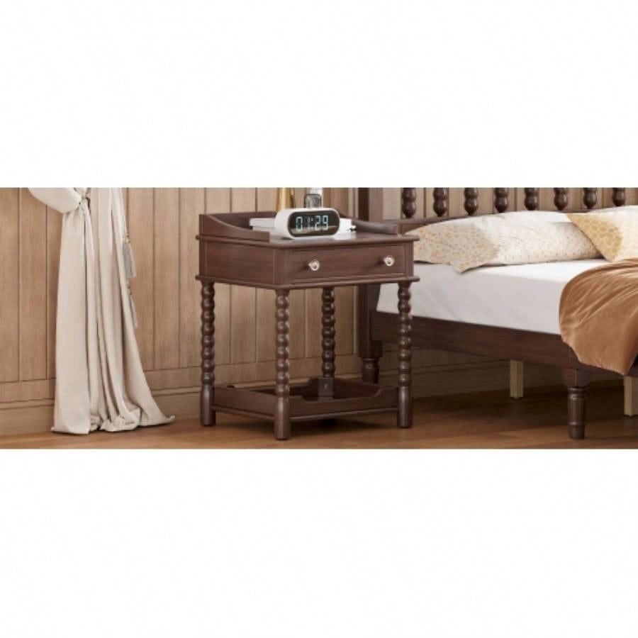Retro Style Nightstand with Drawer and Open Shelf Bedroom, Bedside Table with Turned and Metal Handle, Walnut