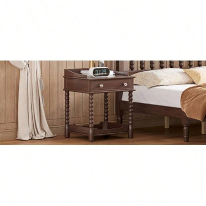 Retro Style Nightstand with Drawer and Open Shelf Bedroom, Bedside Table with Turned and Metal Handle, Walnut