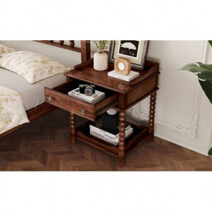 Retro Style Nightstand with Drawer and Open Shelf Bedroom, Bedside Table with Turned and Metal Handle, Walnut