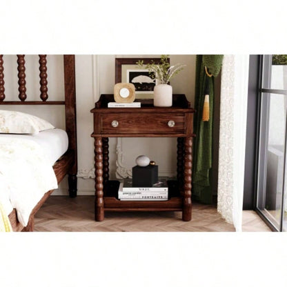Retro Style Nightstand with Drawer and Open Shelf Bedroom, Bedside Table with Turned and Metal Handle, Walnut