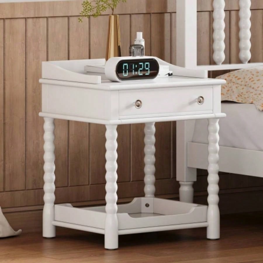 Retro Style Nightstand with Drawer and Open Shelf Bedroom, Bedside Table with Turned and Metal Handle, Walnut