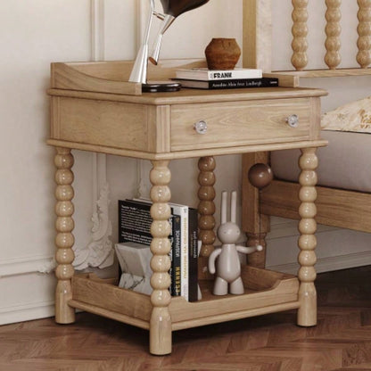 Retro Style Nightstand with Drawer and Open Shelf Bedroom, Bedside Table with Turned and Metal Handle, Walnut