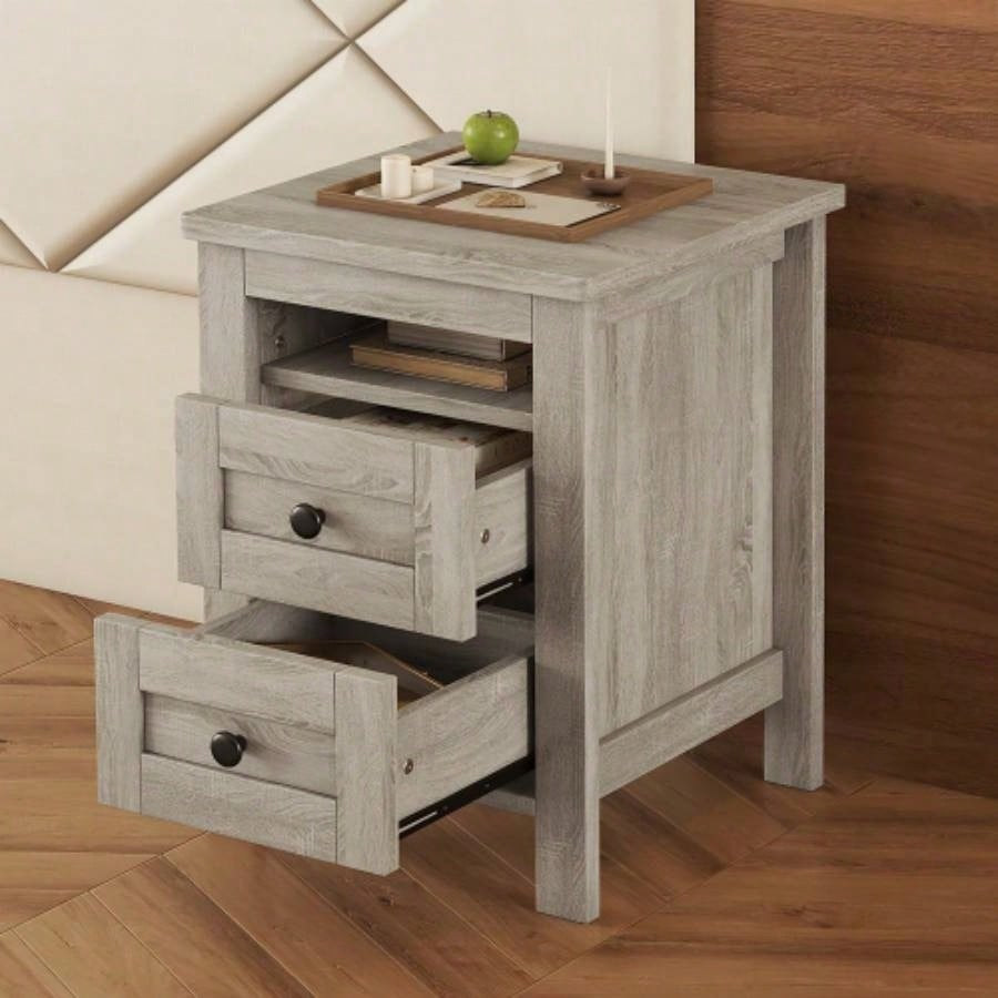 2 - Drawer Farmhouse Wooden Nightstand with Well - proportioned Design and Sleek Lines, Wood Side Table with Storage Cabinet Bedroom, Antique Gray