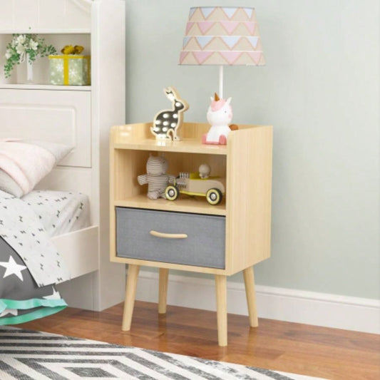 Nightstand With Collapsible Fabric Drawer, 2 - Tier Storage End Table, Wood Side Table with Storage Cabinet or Kids, Adults - Oak
