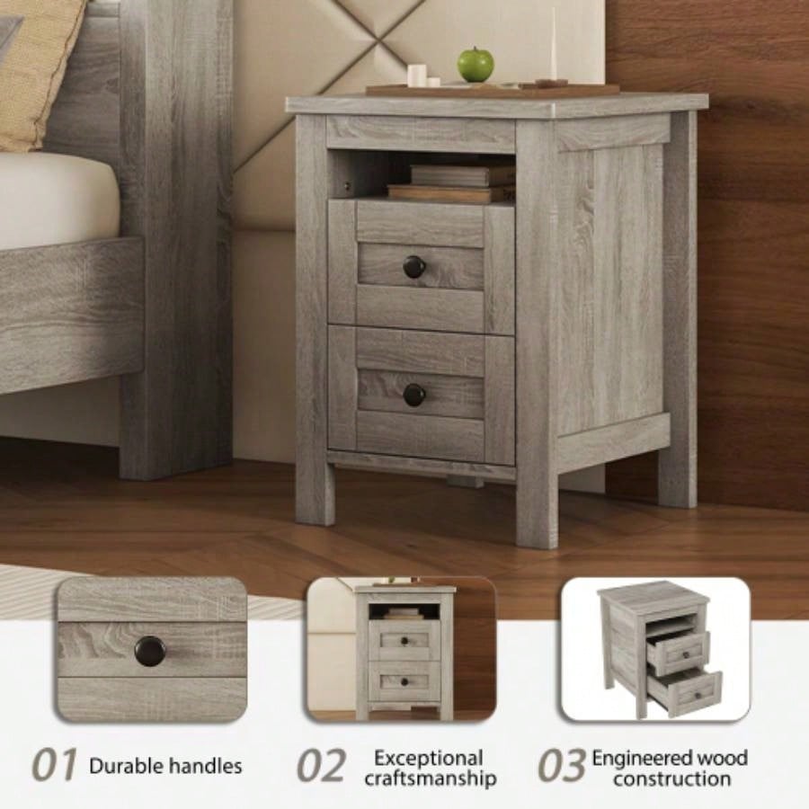 2 - Drawer Farmhouse Wooden Nightstand with Well - proportioned Design and Sleek Lines, Wood Side Table with Storage Cabinet Bedroom, Antique Gray