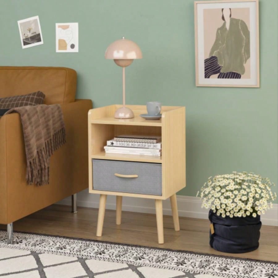 Nightstand With Collapsible Fabric Drawer, 2 - Tier Storage End Table, Wood Side Table with Storage Cabinet or Kids, Adults - Oak