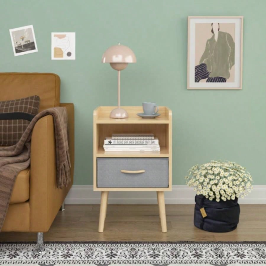 Nightstand With Collapsible Fabric Drawer, 2 - Tier Storage End Table, Wood Side Table with Storage Cabinet or Kids, Adults - Oak