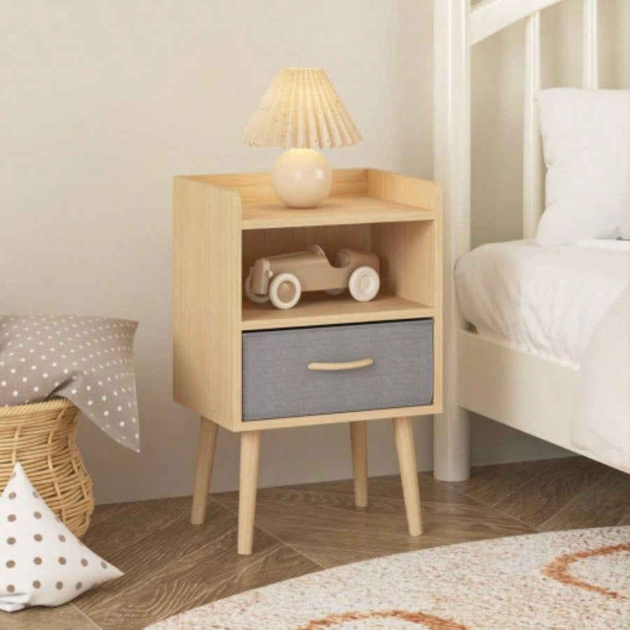 Nightstand With Collapsible Fabric Drawer, 2 - Tier Storage End Table, Wood Side Table with Storage Cabinet or Kids, Adults - Oak