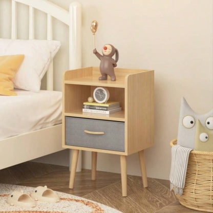 Nightstand With Collapsible Fabric Drawer, 2 - Tier Storage End Table, Wood Side Table with Storage Cabinet or Kids, Adults - Oak