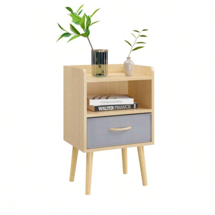 Nightstand With Collapsible Fabric Drawer, 2 - Tier Storage End Table, Wood Side Table with Storage Cabinet or Kids, Adults - Oak