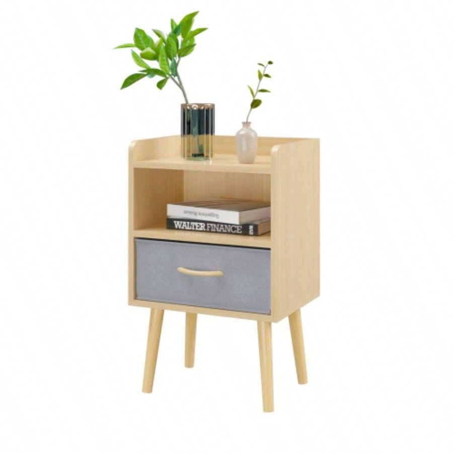 Nightstand With Collapsible Fabric Drawer, 2 - Tier Storage End Table, Wood Side Table with Storage Cabinet or Kids, Adults - Oak