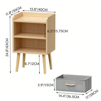 Nightstand With Collapsible Fabric Drawer, 2 - Tier Storage End Table, Wood Side Table with Storage Cabinet or Kids, Adults - Oak
