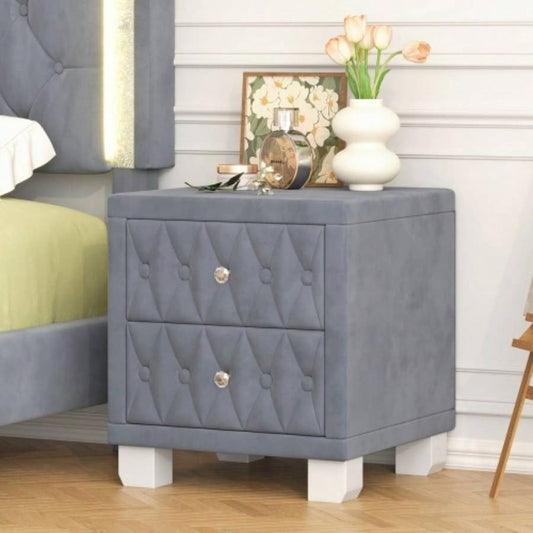 Elegant Velvet Nightstand with 2 Drawers and Handle, Storage Bedside Table with Button - Tufted,