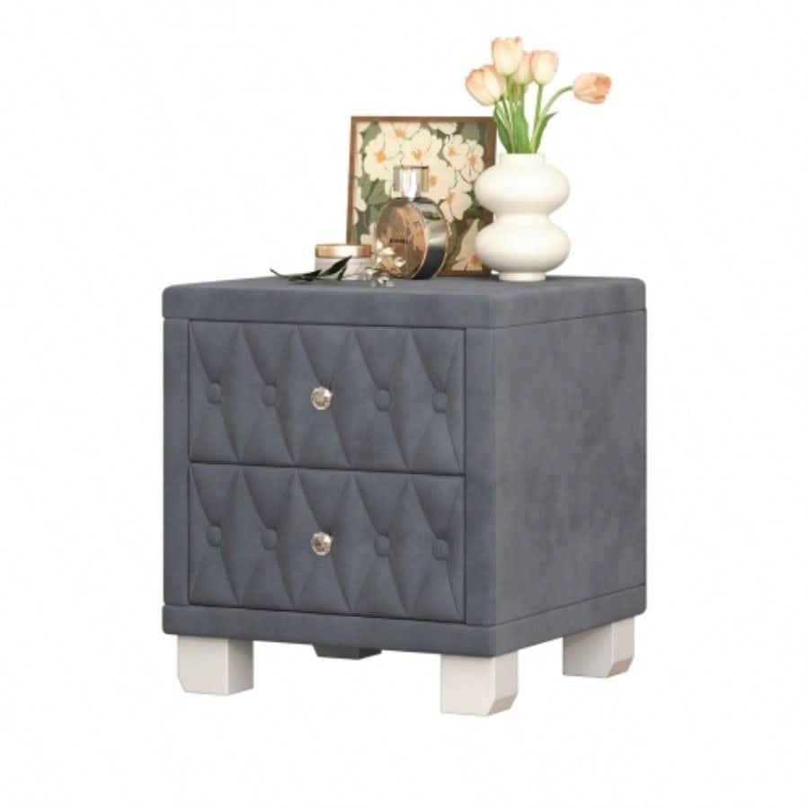 Elegant Velvet Nightstand with 2 Drawers and Handle, Storage Bedside Table with Button - Tufted,