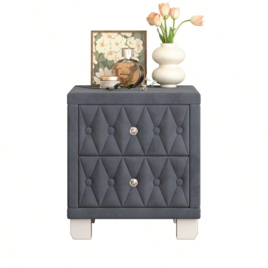 Elegant Velvet Nightstand with 2 Drawers and Handle, Storage Bedside Table with Button - Tufted,